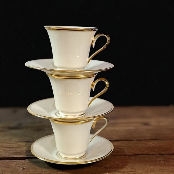 Set of Three LENOX ETERNAL Collection Ivory & Gold Rim Footed Tea Cup & Saucer - Picture 1 of 11